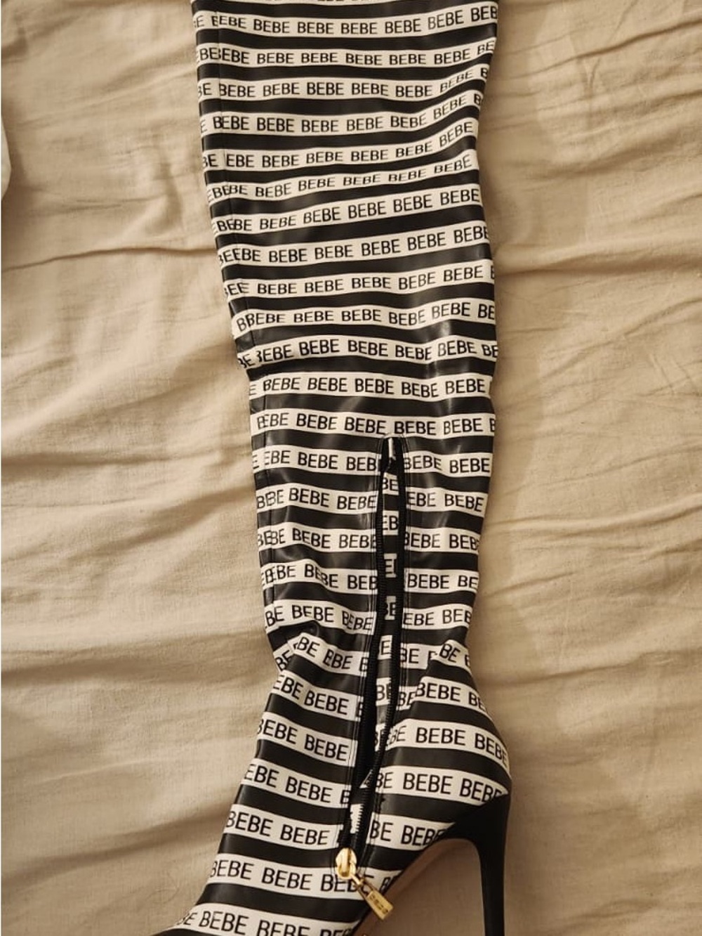 bebe Black & White Logo Over-the-Knee Boot Socks with Zipper